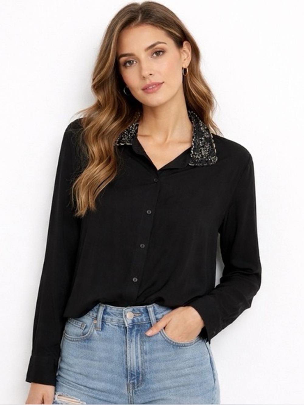 Gold Hawk Black Sequin-Collar Button-Down Top - Women